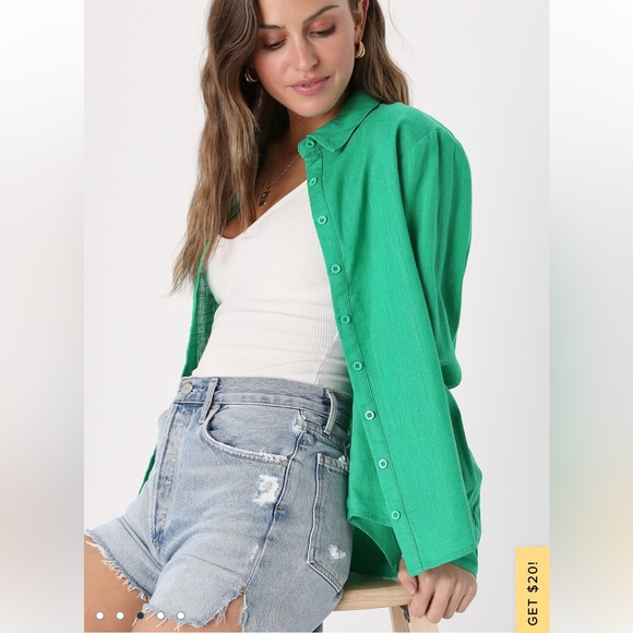 NWT Lulus Breezy Energy Green Linen Long Sleeve Button-Up Top Size Small - Picture 3 of 4